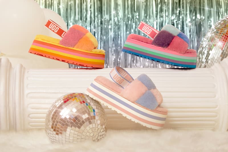 ugg all gender unisex pride month lgbtq collection disco checker slide fluff yeah rainbow colorway