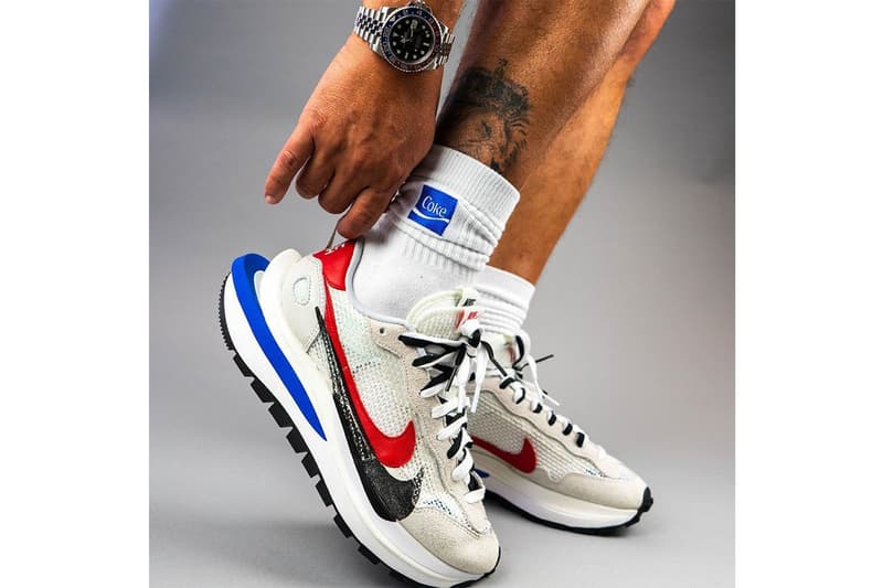 sacai x Nike VaporWaffle White Blue Red Sail Light Bone Game Royal Sport Fuchsia On-Foot Look
