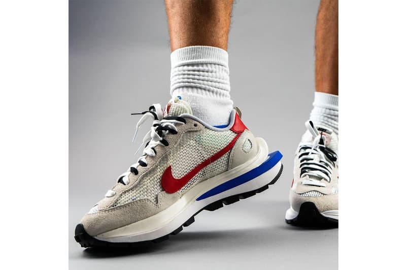 sacai x Nike VaporWaffle White Blue Red Sail Light Bone Game Royal Sport Fuchsia On-Foot Look