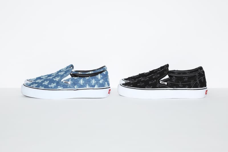 supreme vans collaboration distressed denim pack sk8 hi slip on pros sneakers black blue white shoes footwear sneakerhead