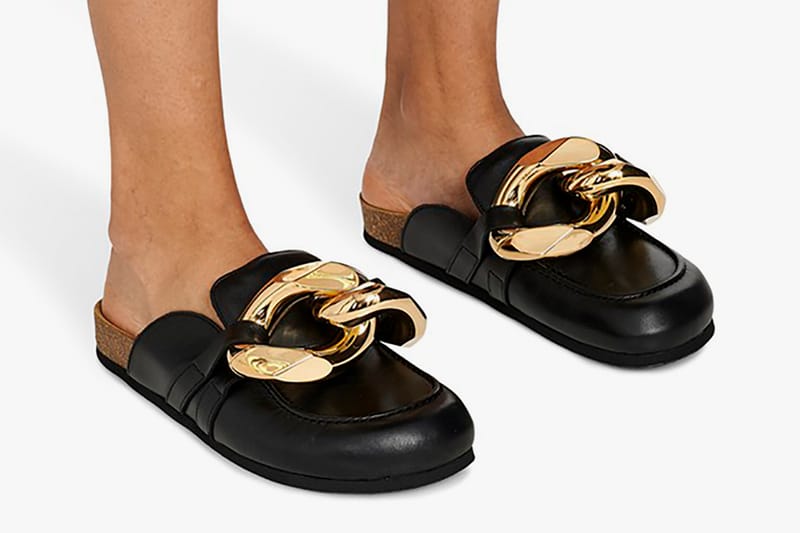 black loafers with gold chain