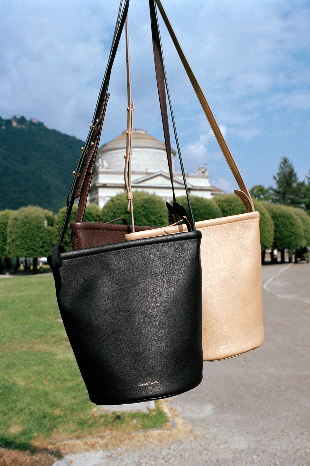 Mansur Gavriel Zip Bucket Bag Lookbook Crossbody Designer Handbag Affordable Maroon Tan Black