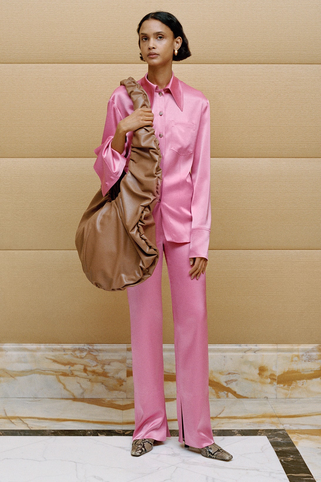 nanushka fall winter 2020 lookbook pink shirt pants faux leather shoulder bag