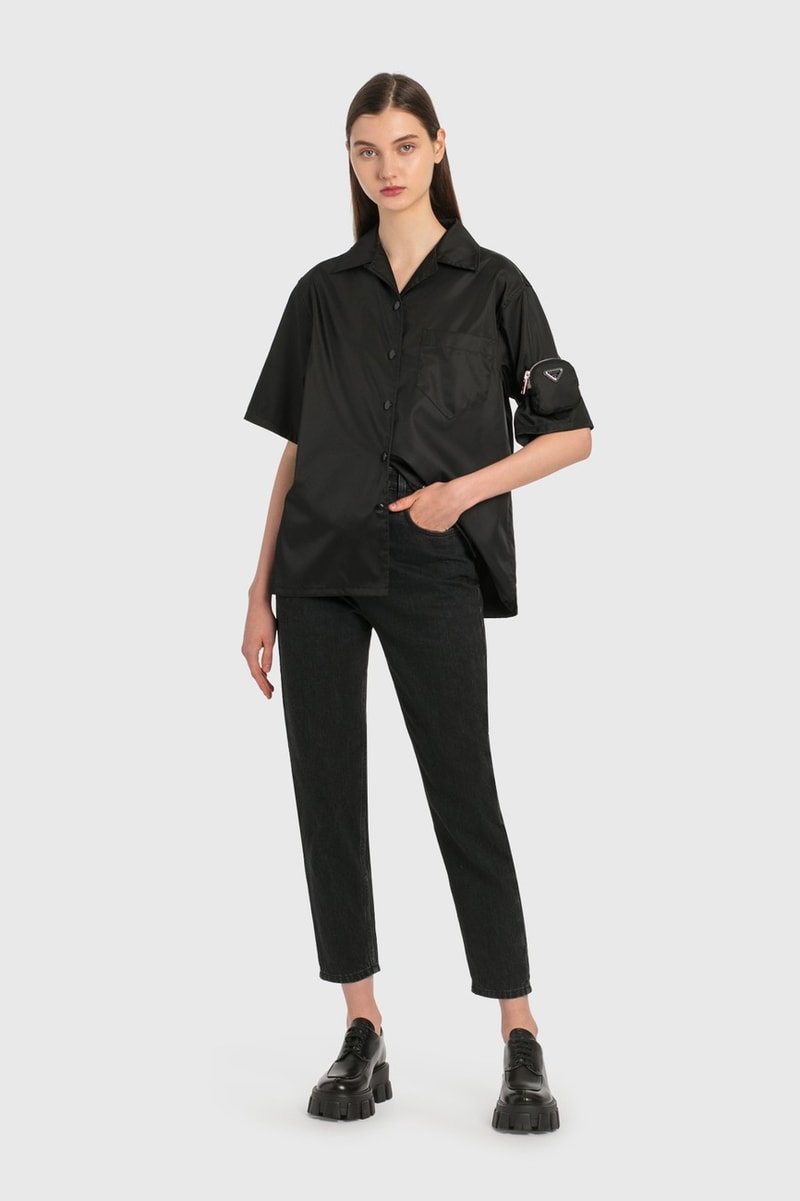 Prada Denim Jeans Black Triangle Logo Pocket Womens Button Up Shirt Arm Nylon Bag Pouch Platform Brogues Shoes