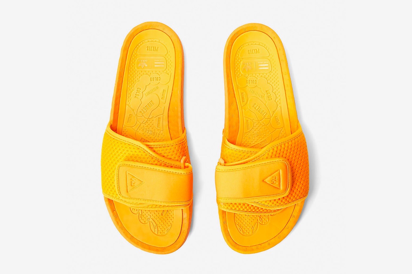 pharrell williams adidas originals basics line release hoodies t-shirts sweatpants slides slippers pink yellow