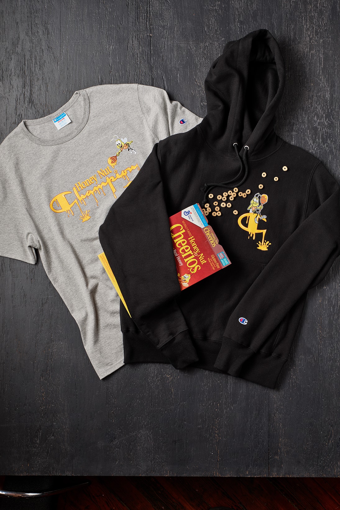 champion general mills collaboration cereal hoodies tees lucky charms cinnamon toast crunch red gray