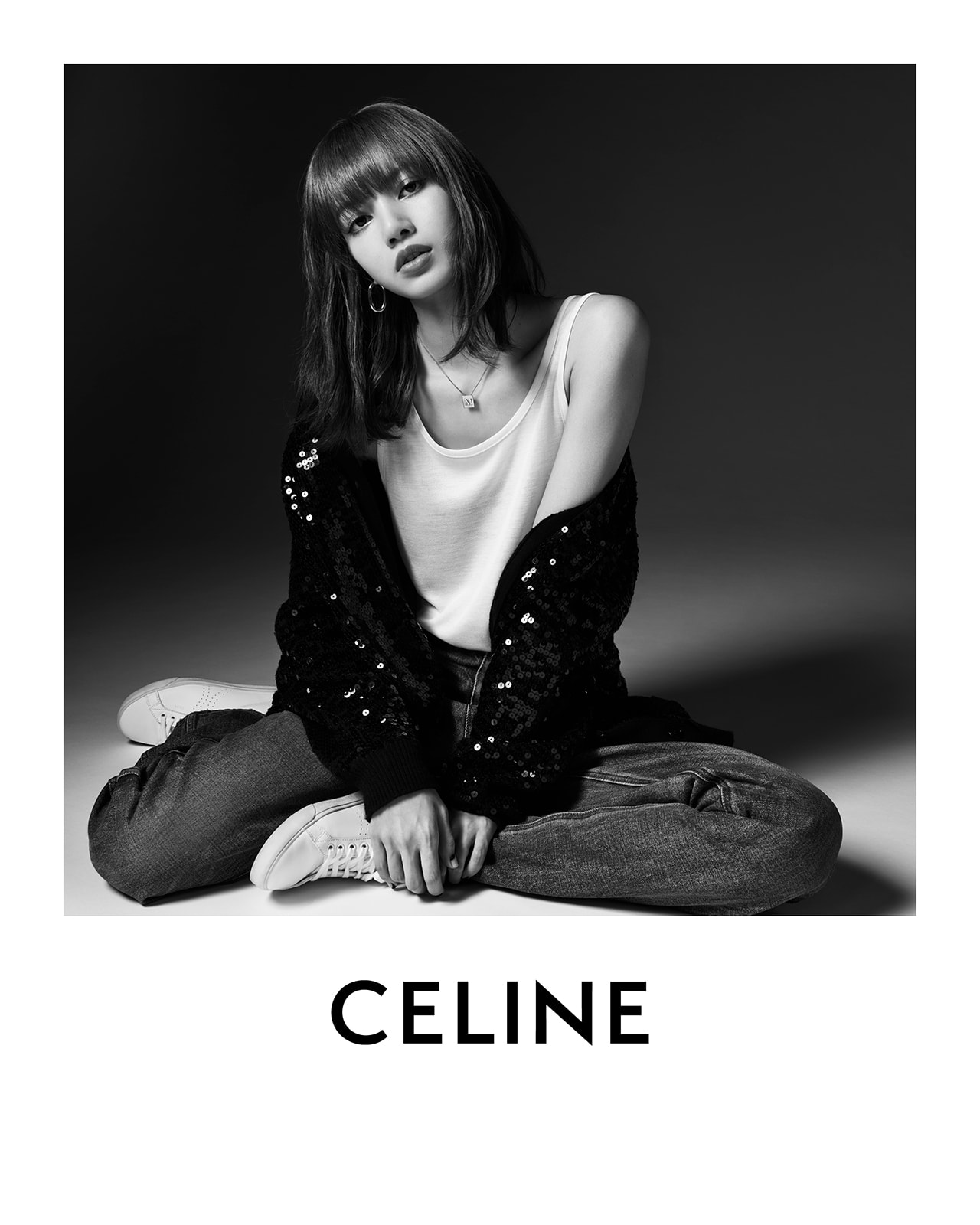 BLACKPINK Lisa CELINE Campaign Hedi Slimane Black and White Global Brand Ambassador Jeans Denim Sneakers Sequin Jacket
