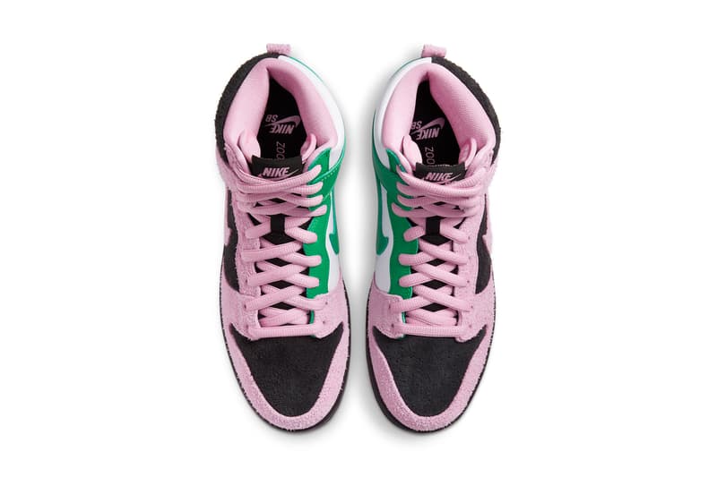 nike sb dunk high invert celtics white green pink black suede release price info