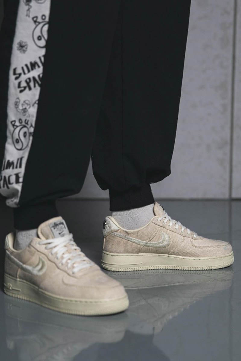 stussy nike air force 1 af1 fossil stone black white on-foot look collaboration release info
