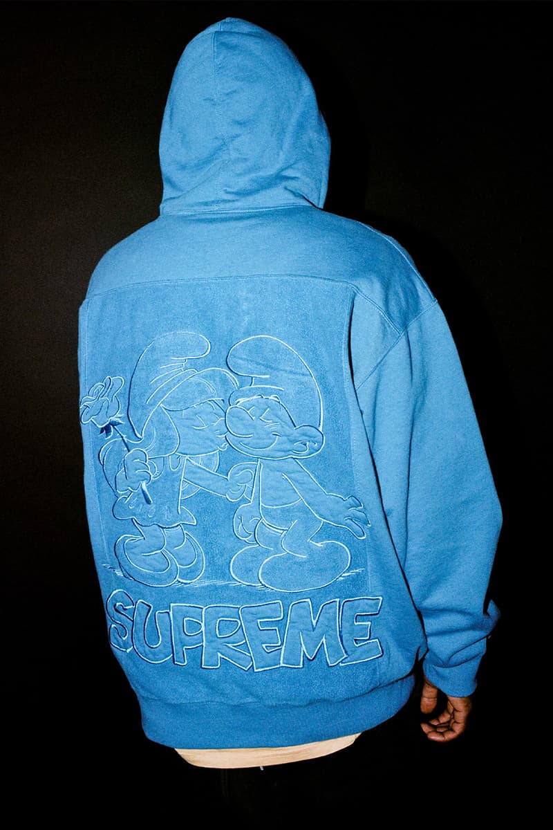 supreme the smurfs collaboration full look leather jackets gore-tex hoodies beanies release info