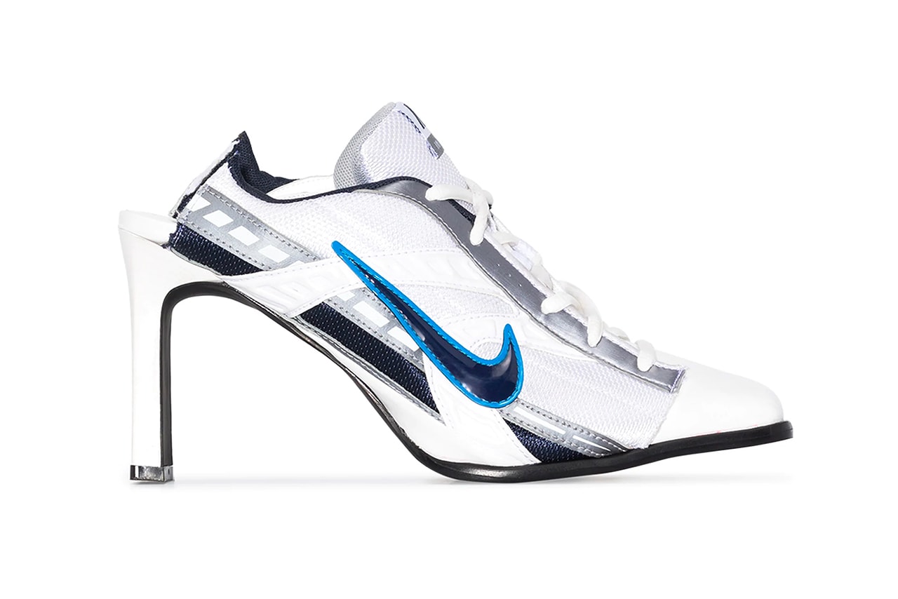 ANCUTA SARCA Nike Mesh Panelled 100mm Mules White Blue Swoosh Reworked Upcycled Heels