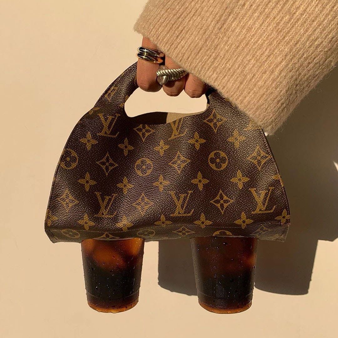Instagram Louis Vuitton Monogram Bag Brown Leather DIY Rework Coffee Cups Fashion Jewelry Rings Beige Sweater