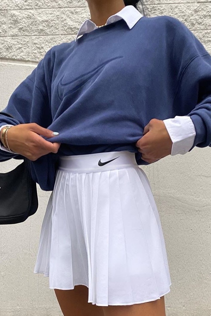 Nike Vintage Blue Logo Swoosh Sweater White Shirt Court Victory Tennis Skirt Pleated Prada Black Bag Nylon Mini