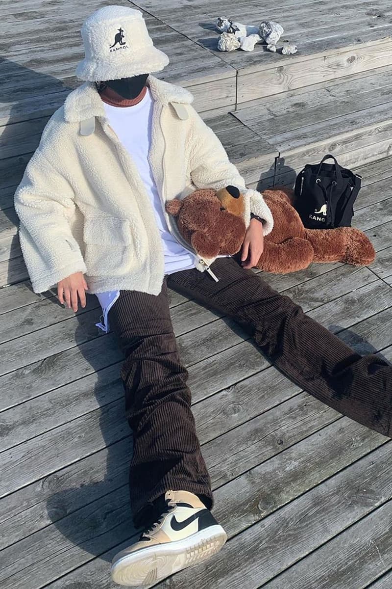 fleece teddy shearling jackets outfit ideas kangol bucket hat nike air jordan 1 sneakers