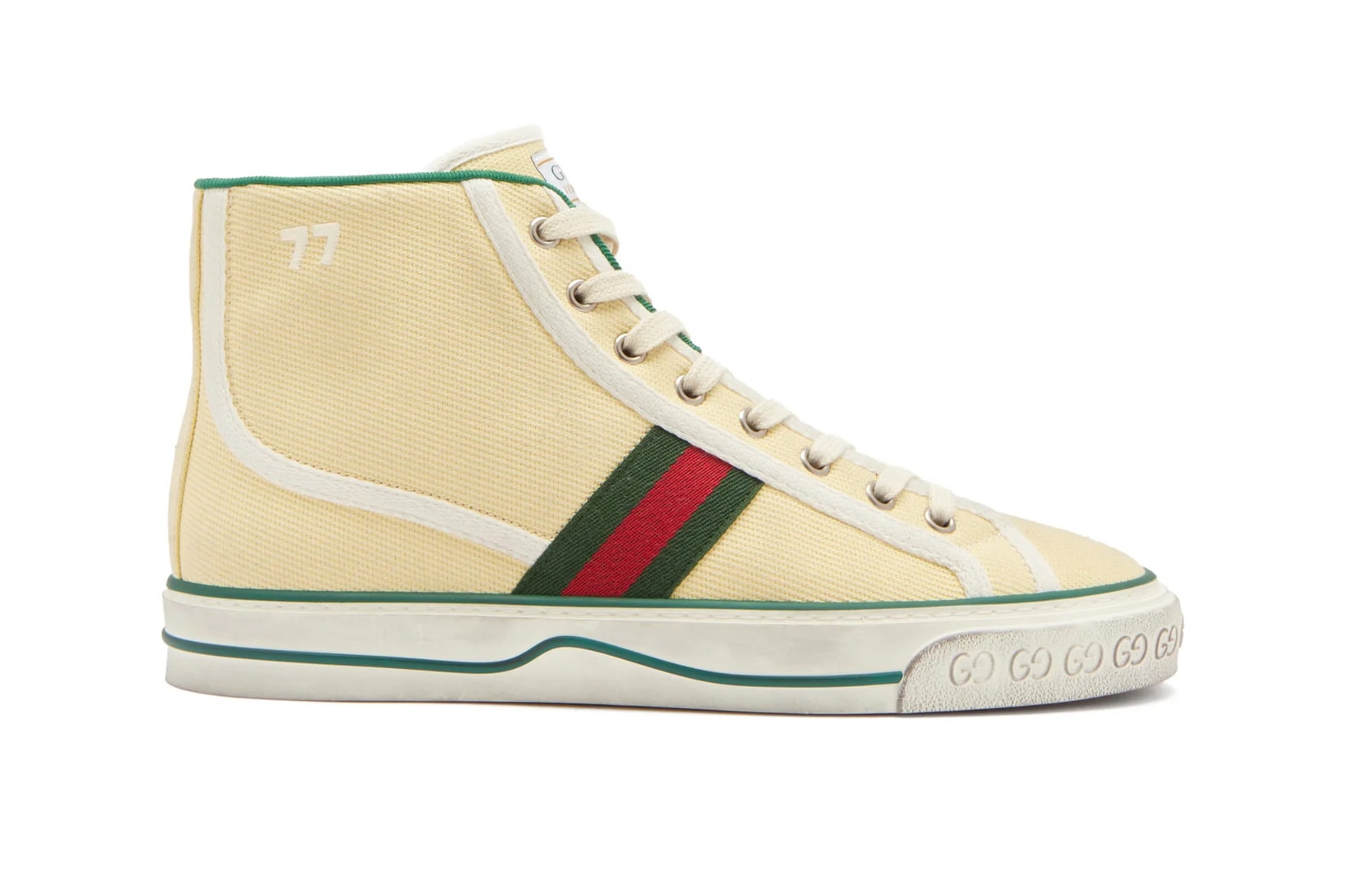gucci tennis 1977 high-top sneakers canvas ivory green red stripes price info