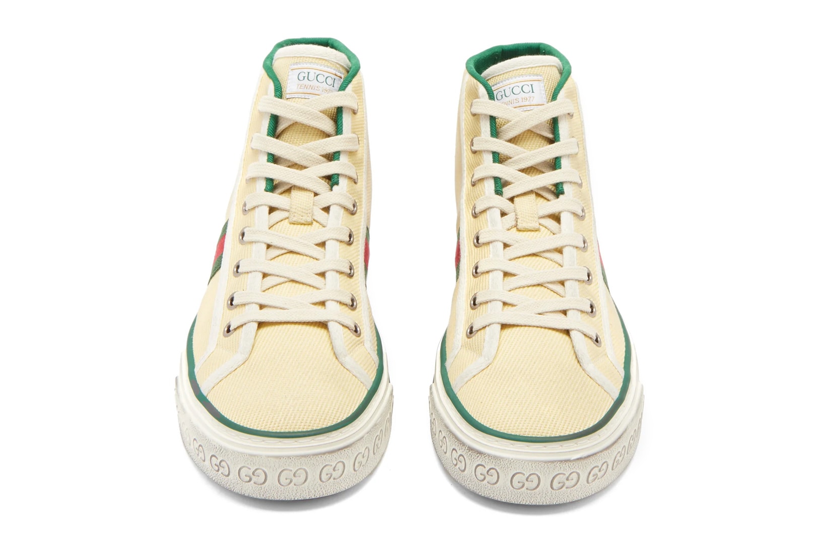gucci tennis 1977 high-top sneakers canvas ivory green red stripes price info