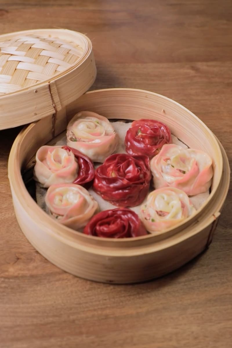 Rose Shaped Dumplings Red Pink Petals Dough Skin Pork Onion Filling Steam Basket Asian Korean Food Chef Esther Choi