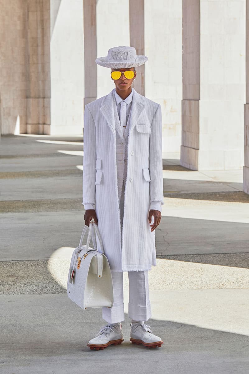 thom browne spring summer 2021 olympics all white oversized suits pleated skirts knitwear lookbook 