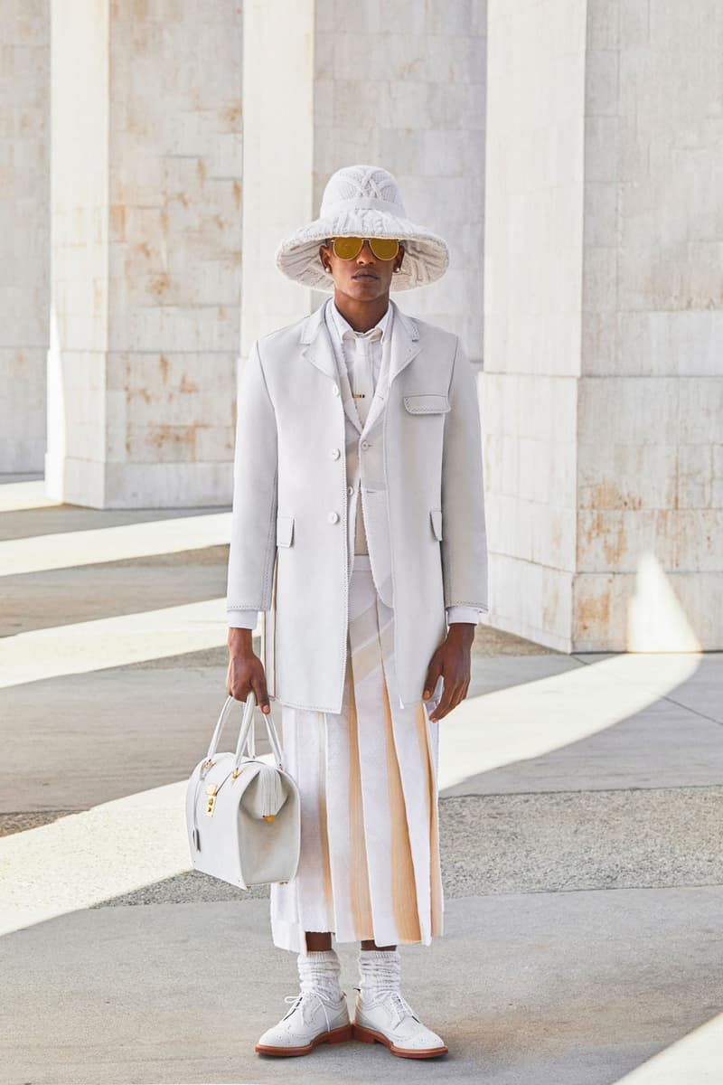 thom browne spring summer 2021 olympics all white oversized suits pleated skirts knitwear lookbook 