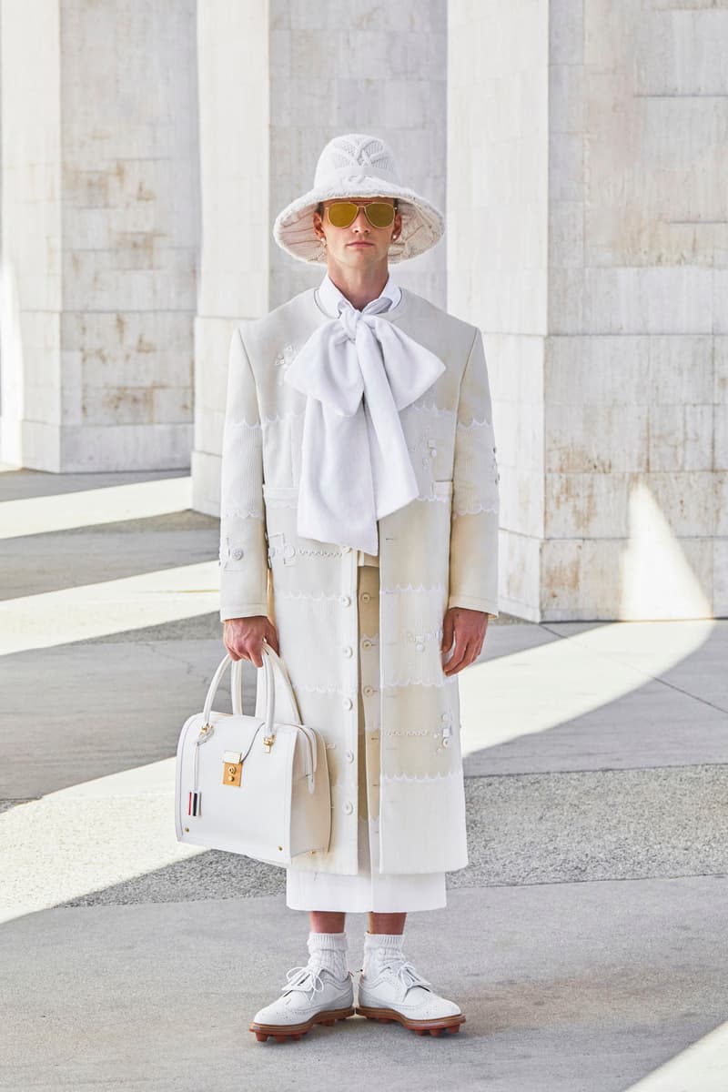 thom browne spring summer 2021 olympics all white oversized suits pleated skirts knitwear lookbook 