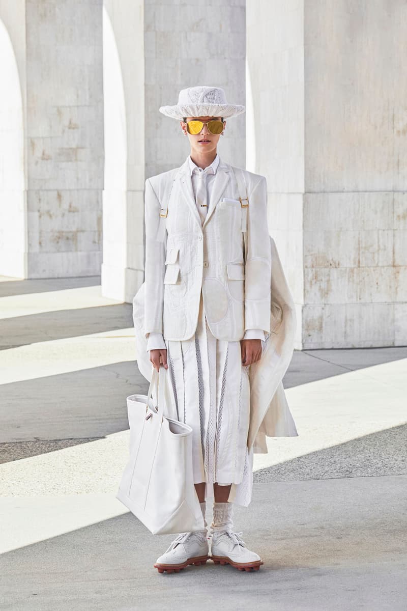 thom browne spring summer 2021 olympics all white oversized suits pleated skirts knitwear lookbook 