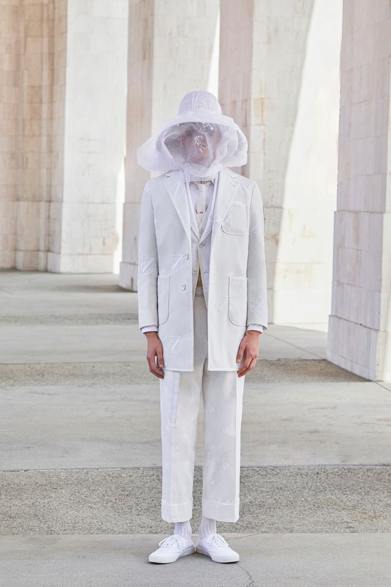 thom browne spring summer 2021 olympics all white oversized suits pleated skirts knitwear lookbook 