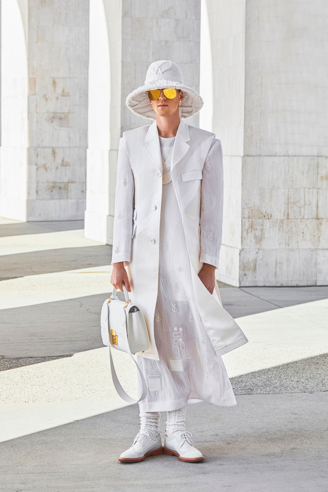 thom browne spring summer 2021 olympics all white oversized suits pleated skirts knitwear lookbook 