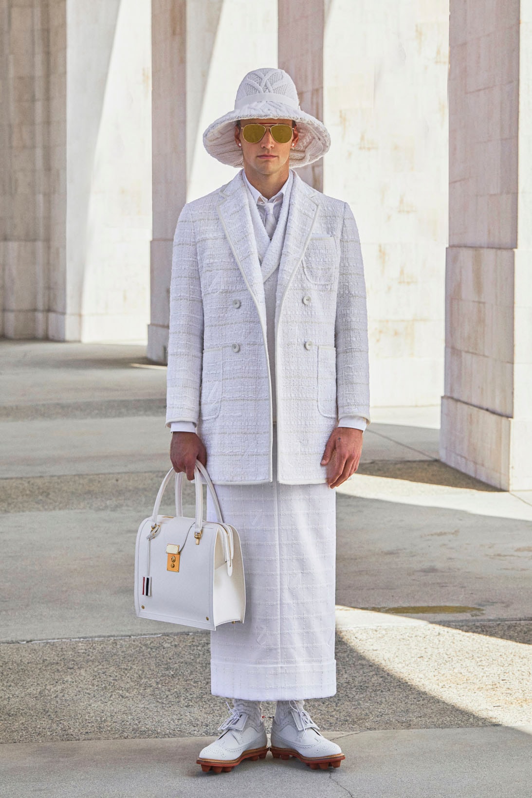 thom browne spring summer 2021 olympics all white oversized suits pleated skirts knitwear lookbook 