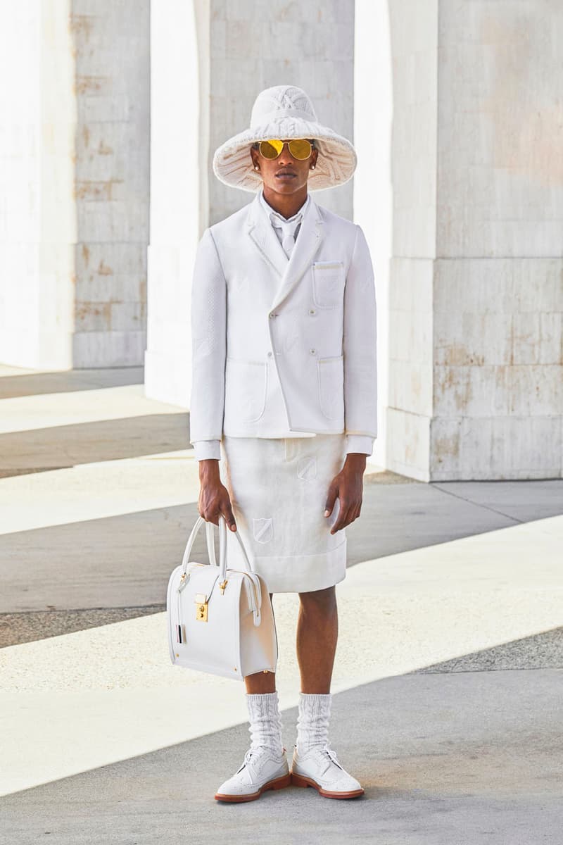 thom browne spring summer 2021 olympics all white oversized suits pleated skirts knitwear lookbook 