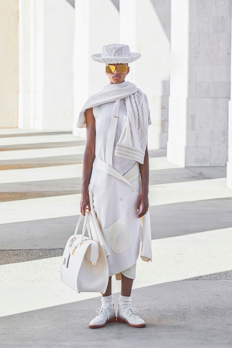 thom browne spring summer 2021 olympics all white oversized suits pleated skirts knitwear lookbook 