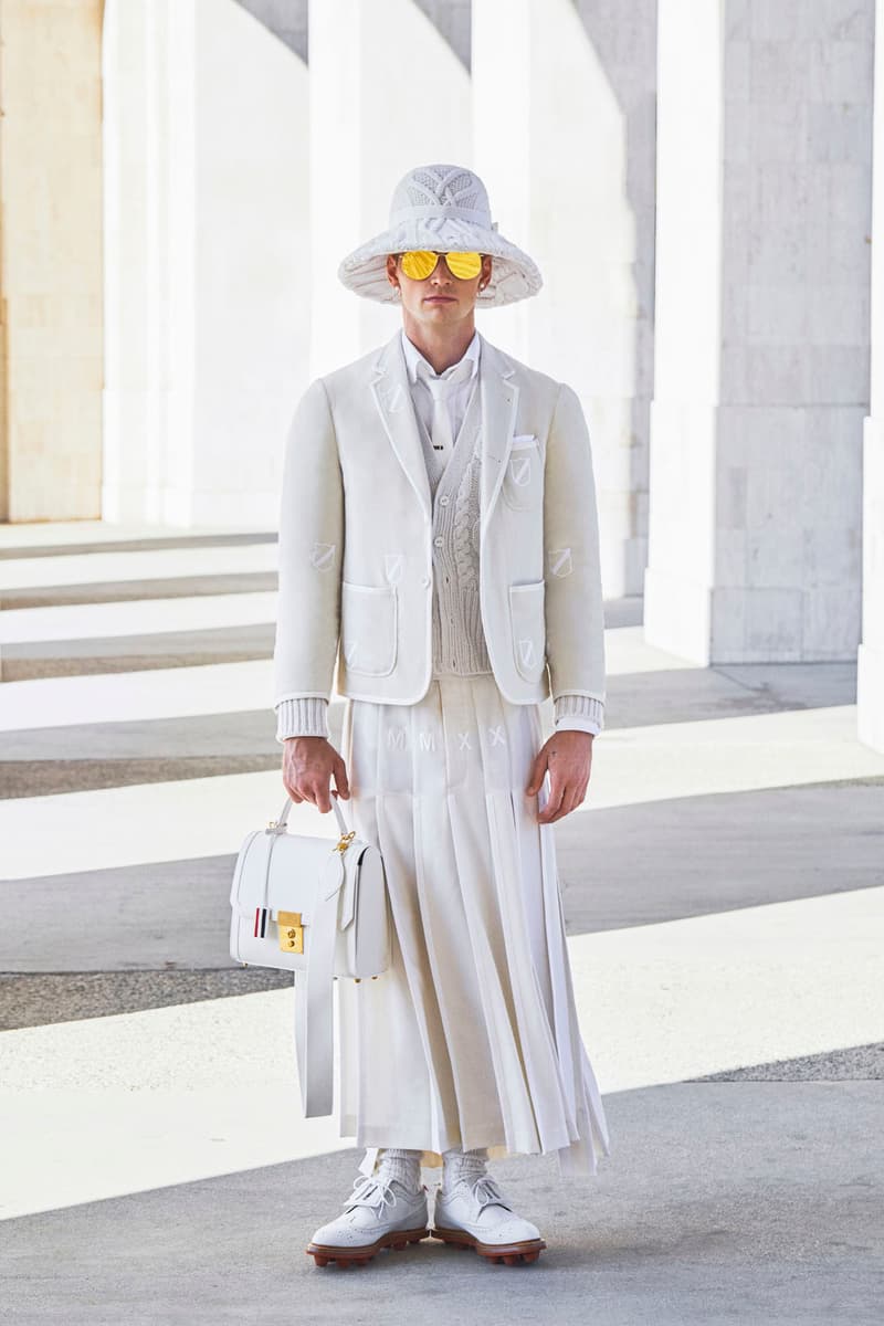 thom browne spring summer 2021 olympics all white oversized suits pleated skirts knitwear lookbook 