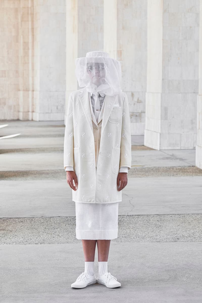 thom browne spring summer 2021 olympics all white oversized suits pleated skirts knitwear lookbook 