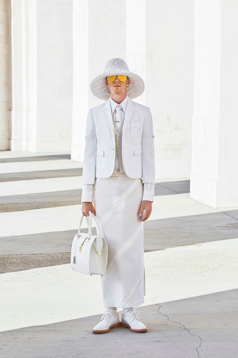 thom browne spring summer 2021 olympics all white oversized suits pleated skirts knitwear lookbook 