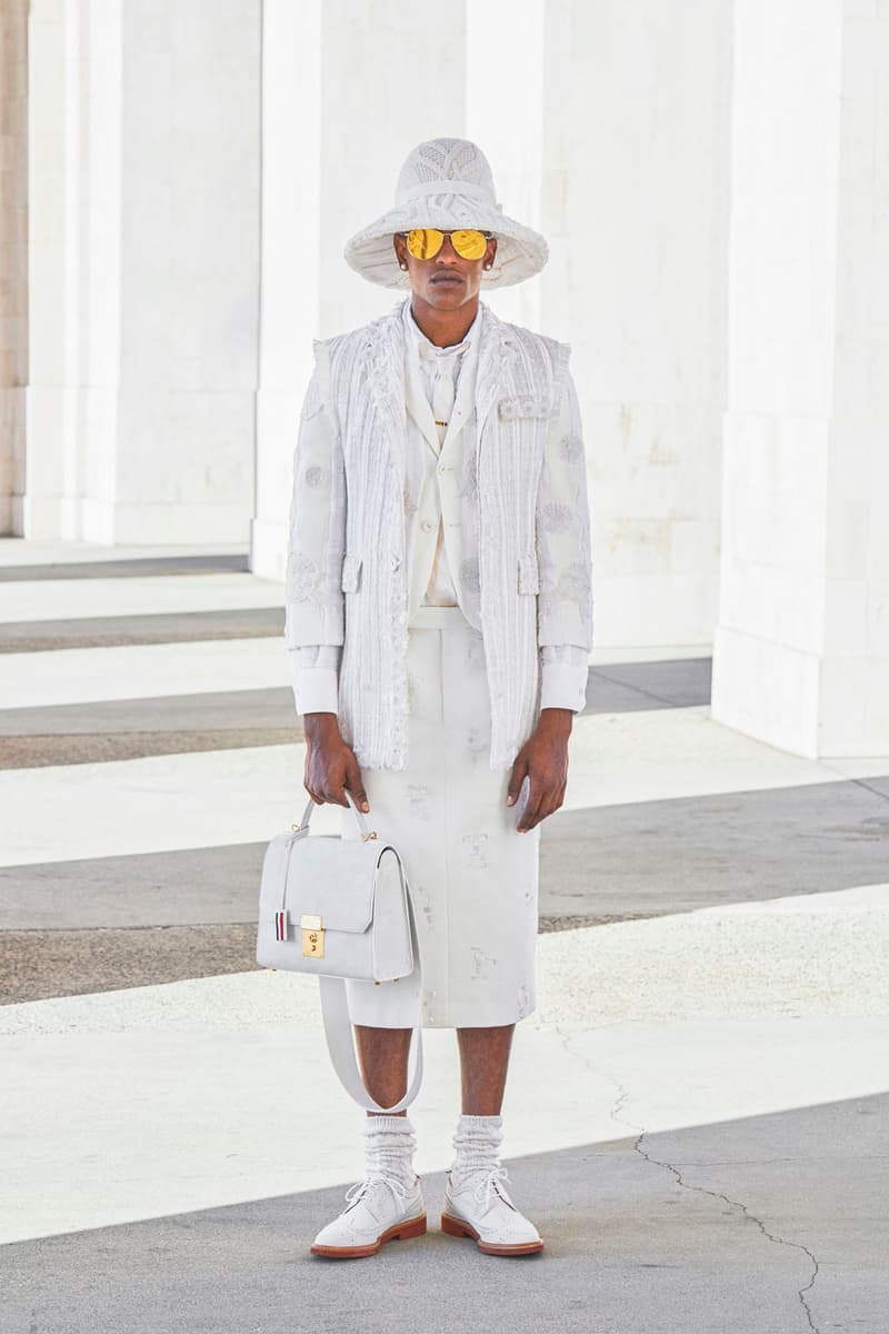 thom browne spring summer 2021 olympics all white oversized suits pleated skirts knitwear lookbook 