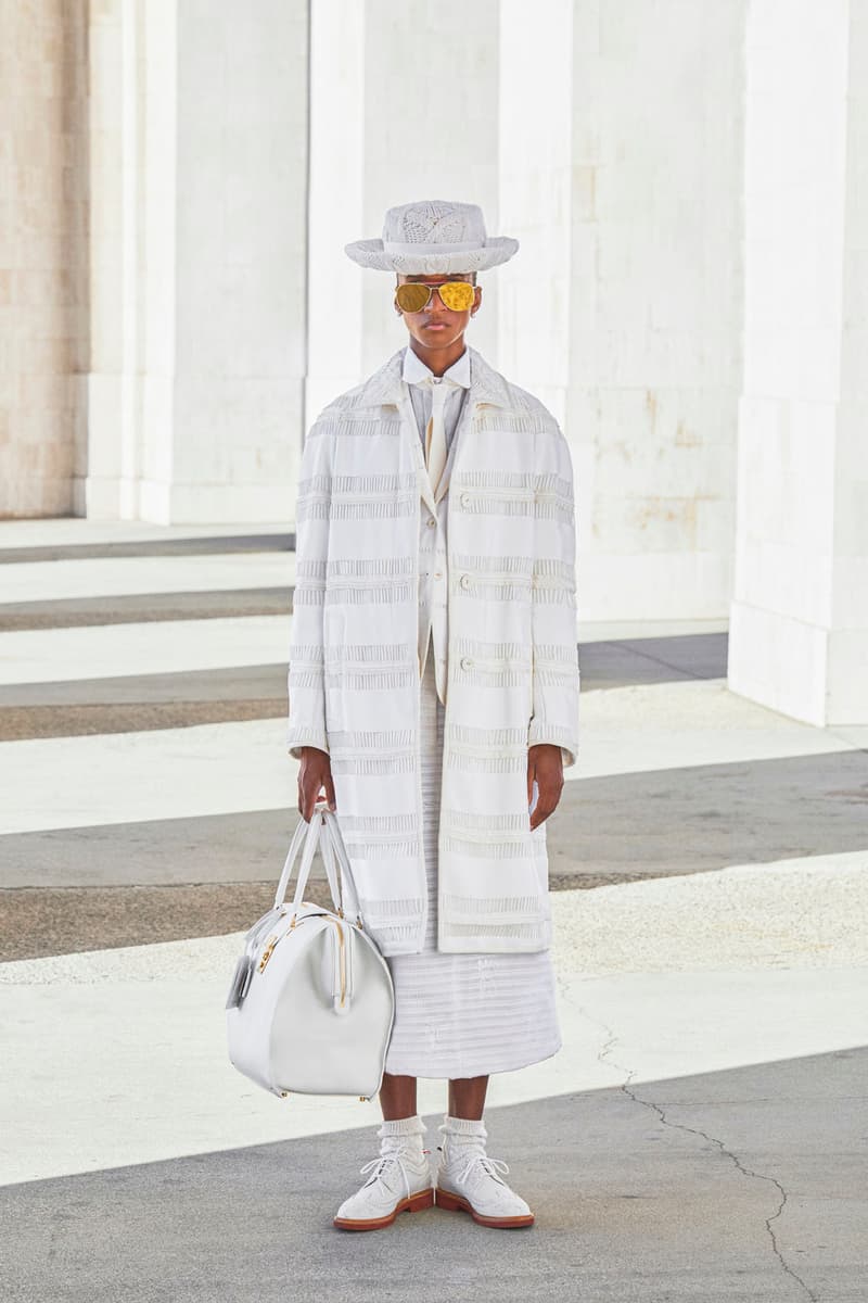 thom browne spring summer 2021 olympics all white oversized suits pleated skirts knitwear lookbook 