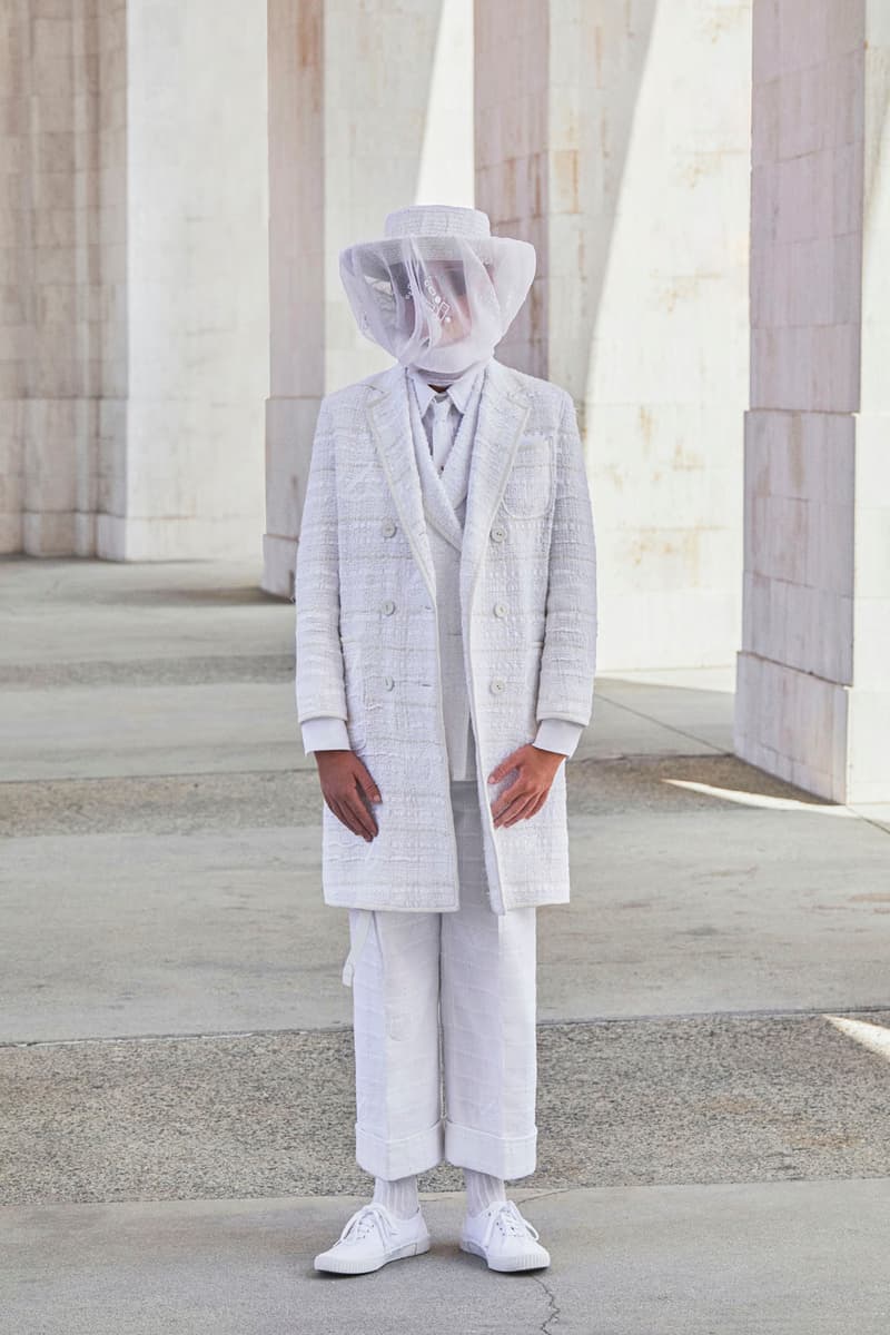 thom browne spring summer 2021 olympics all white oversized suits pleated skirts knitwear lookbook 