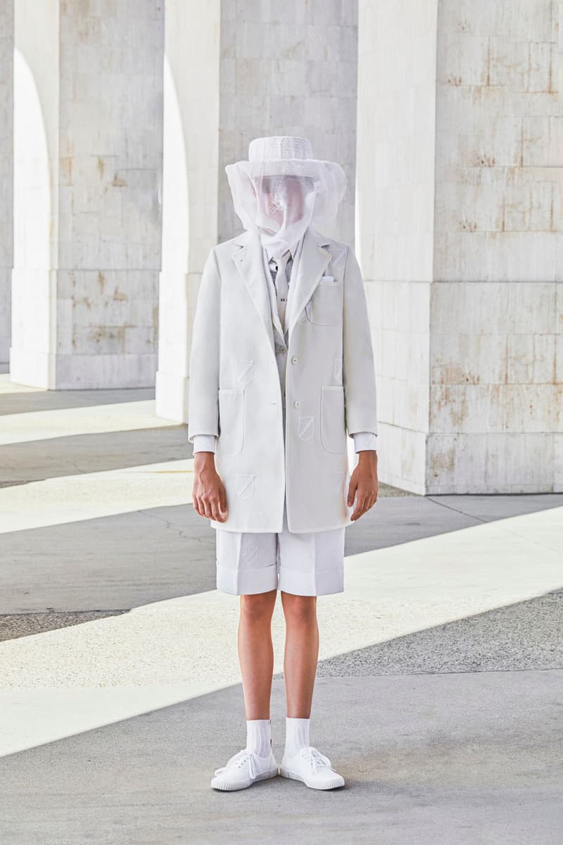 thom browne spring summer 2021 olympics all white oversized suits pleated skirts knitwear lookbook 