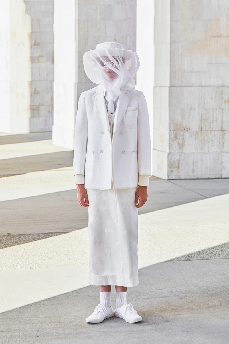 thom browne spring summer 2021 olympics all white oversized suits pleated skirts knitwear lookbook 