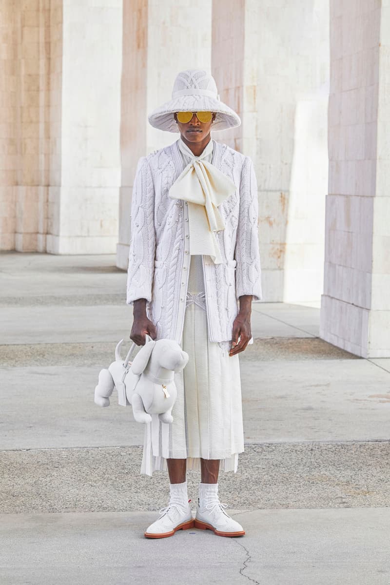 thom browne spring summer 2021 olympics all white oversized suits pleated skirts knitwear lookbook 