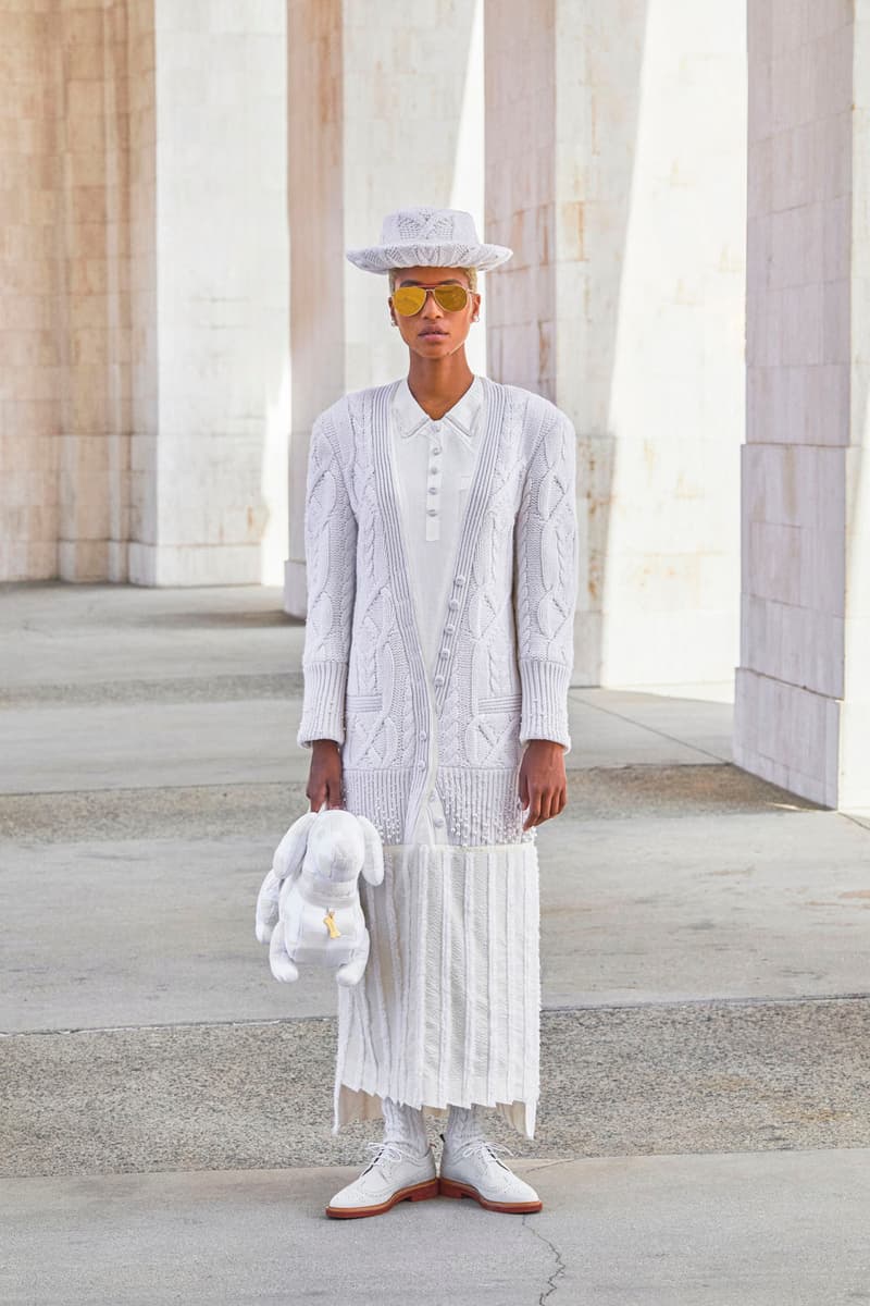 thom browne spring summer 2021 olympics all white oversized suits pleated skirts knitwear lookbook 