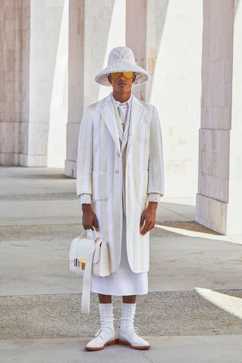 thom browne spring summer 2021 olympics all white oversized suits pleated skirts knitwear lookbook 