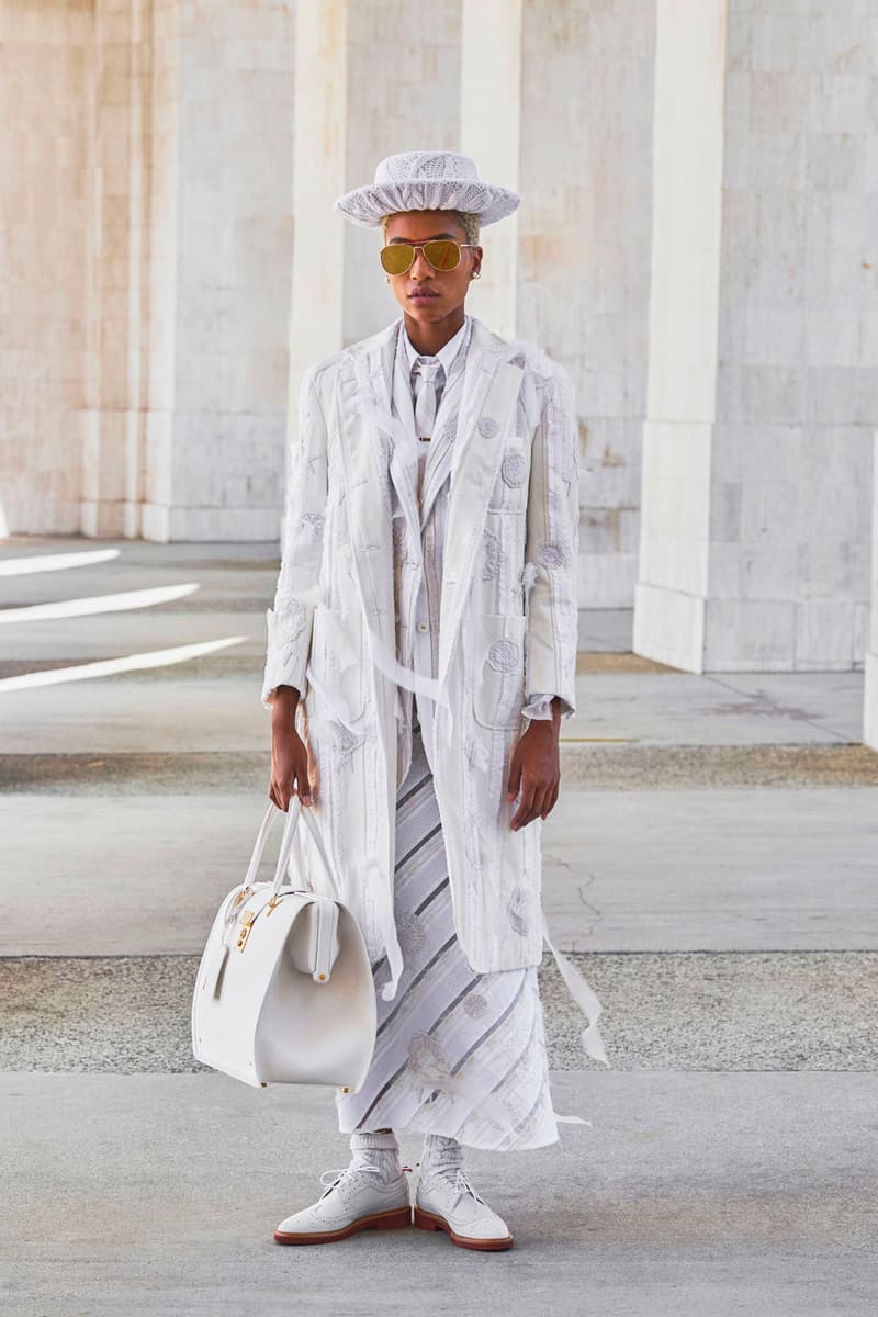 thom browne spring summer 2021 olympics all white oversized suits pleated skirts knitwear lookbook 