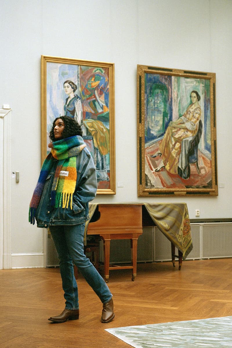 acne studios scarf collection fall winter accessories denim puffer jacket blue pink green orange