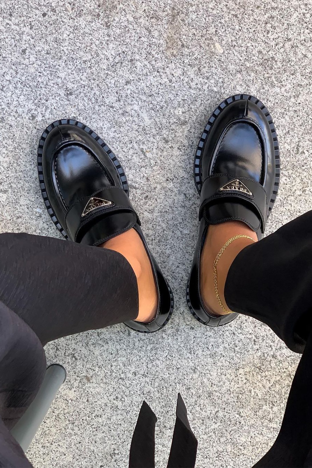 Prada Logo Leather Loafers Black Designer Shoes Anklet