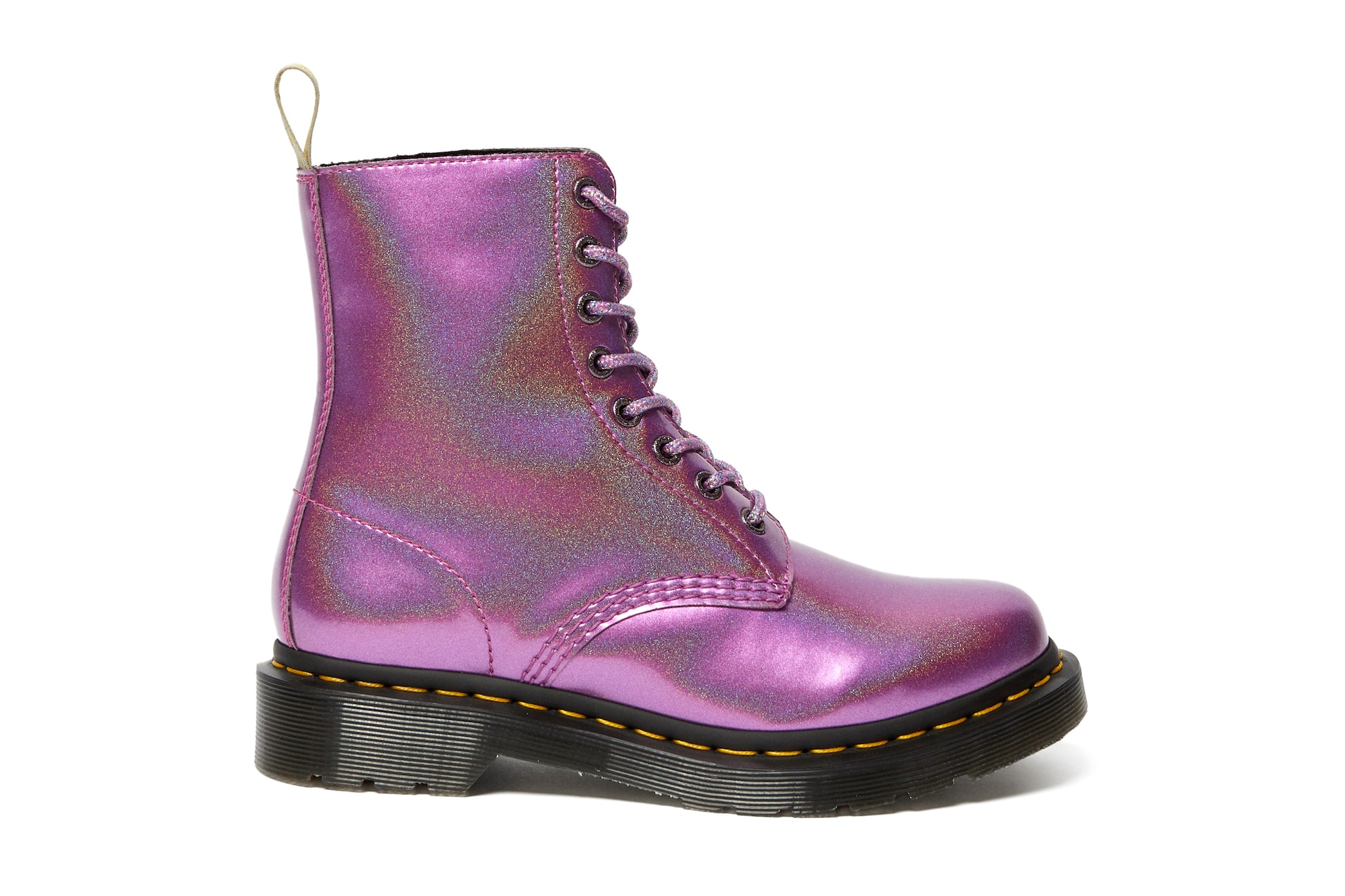 Dr. Martens Vegan Prysm Range Holographic Glitter Pink Black Shiny Boots 