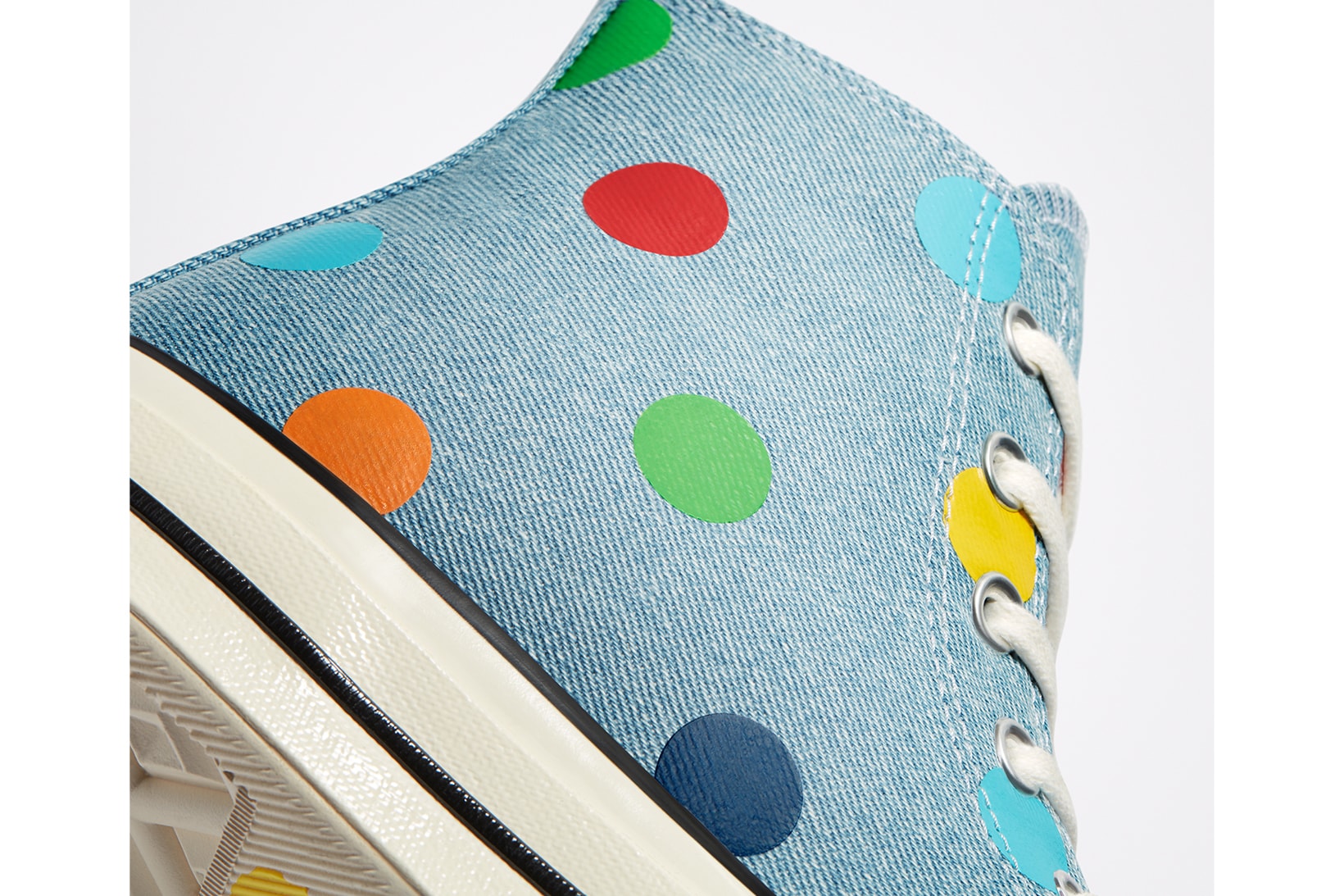golf wang tyler the creator converse collaboration chuck 70 sneaker light blue polka dots colorway green red yellow white sneakerhead footwear shoes