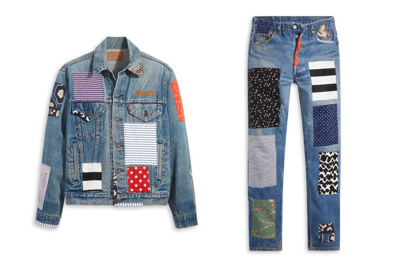 awake ny levis denim jeans 501 type iii truckers collaboration patchworked vintage patterns release