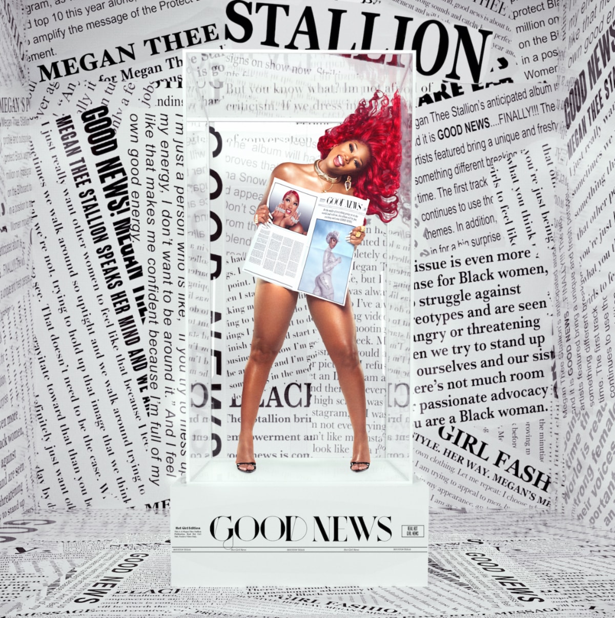 Megan Thee Stallion Good News Debut Album Cover Artwork Newspaper Print Red Hair Hairstyle Necklace Earrings Rapper Music Artist Houston Hottie