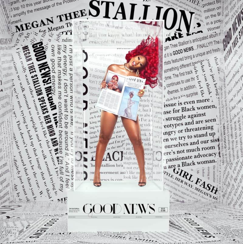 Megan Thee Stallion Good News Debut Album Cover Artwork Newspaper Print Red Hair Hairstyle Necklace Earrings Rapper Music Artist Houston Hottie