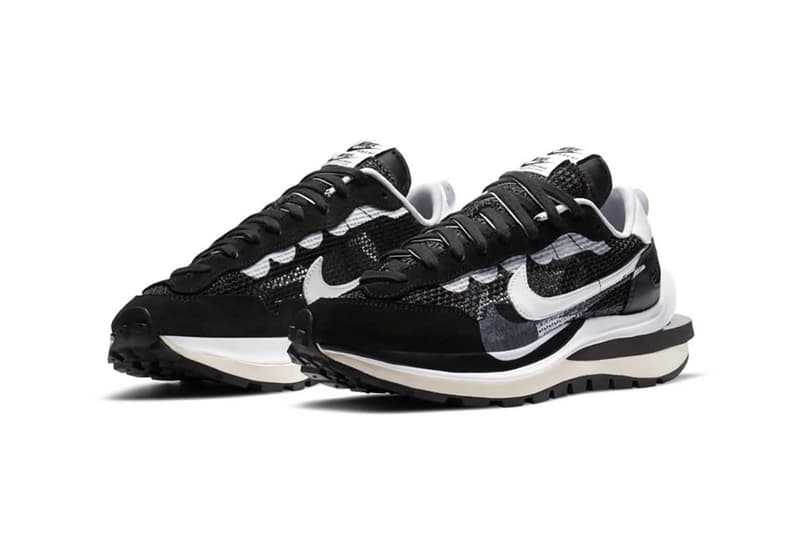sacai nike collaboration vaporwaffle sneakers black white pink blue colorway sneakerhead footwear shoes chitose abe
